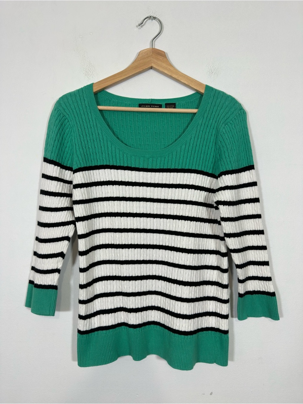 Jeanne Pierre Women's Cable Knit Sweater Striped Size L Teal B&W Preppy Casual